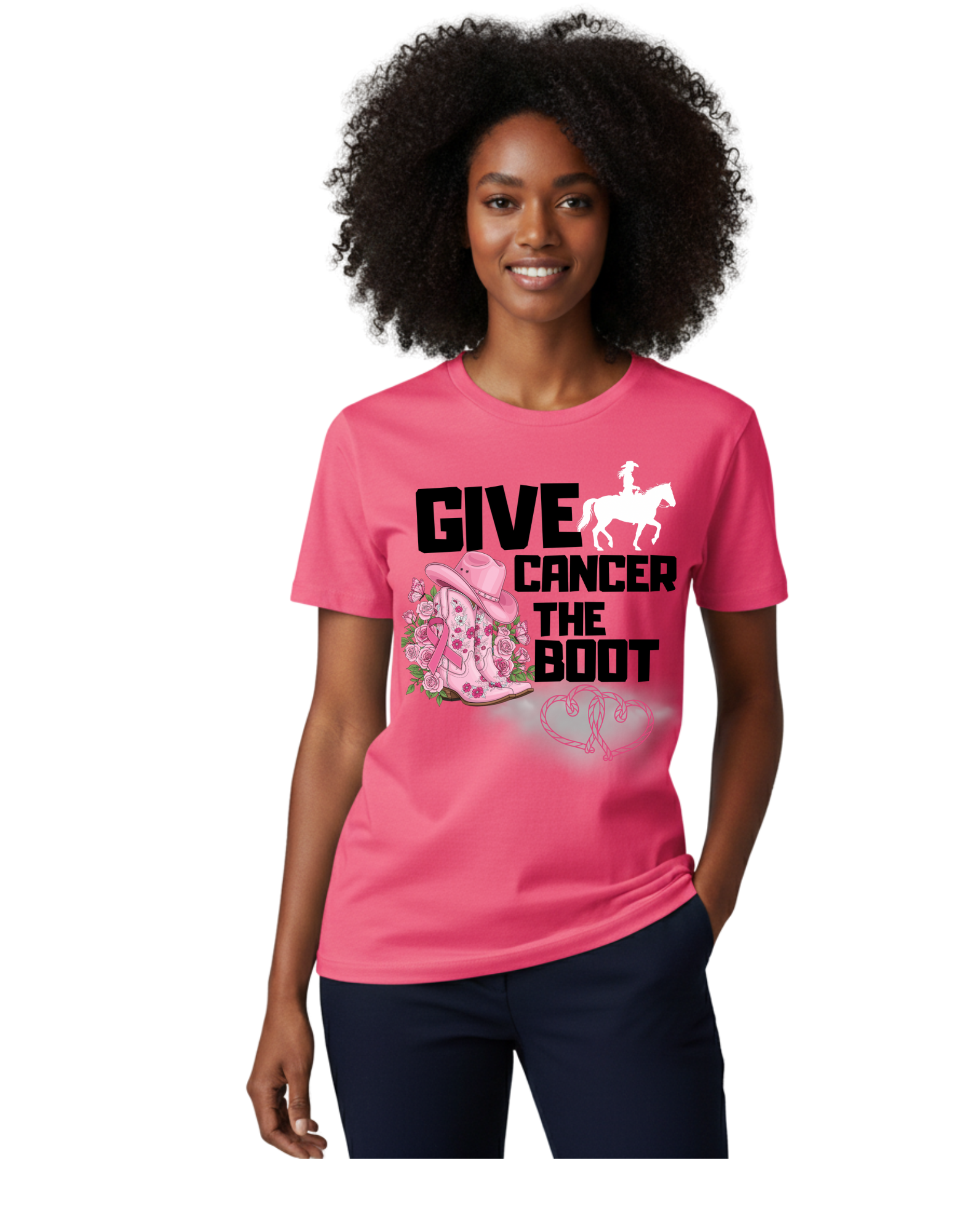 Woman wearing a pink t-shirt with a graphic and text on a white background