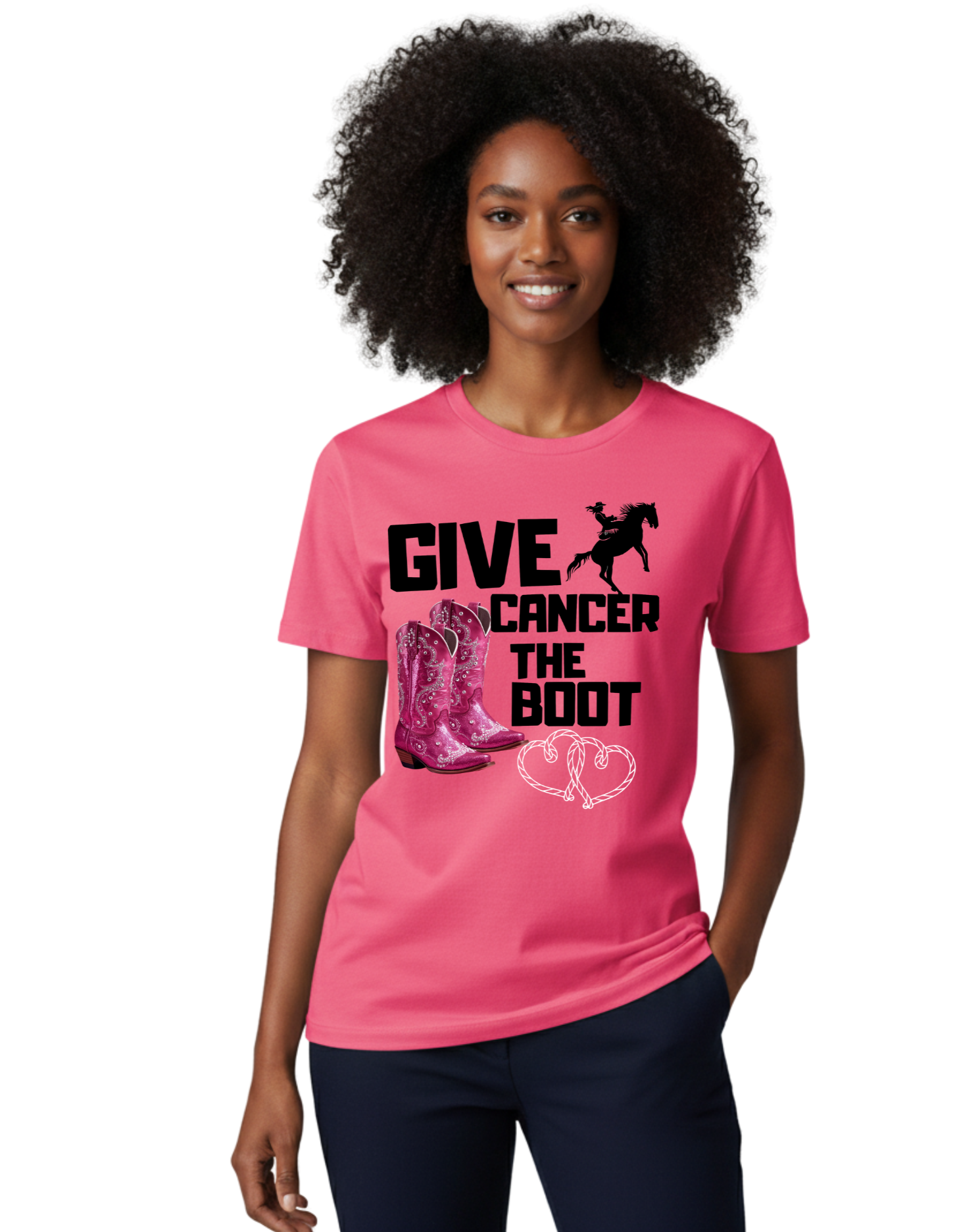 Woman wearing a pink t-shirt with a graphic and text on a white background