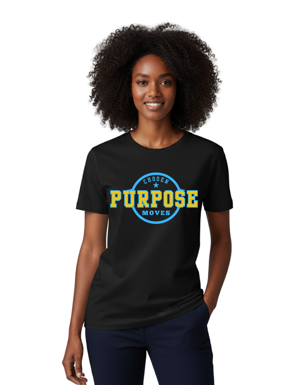 Woman wearing a black t-shirt with 'PURPOSE MOVES' text on a powder blue and yellow background