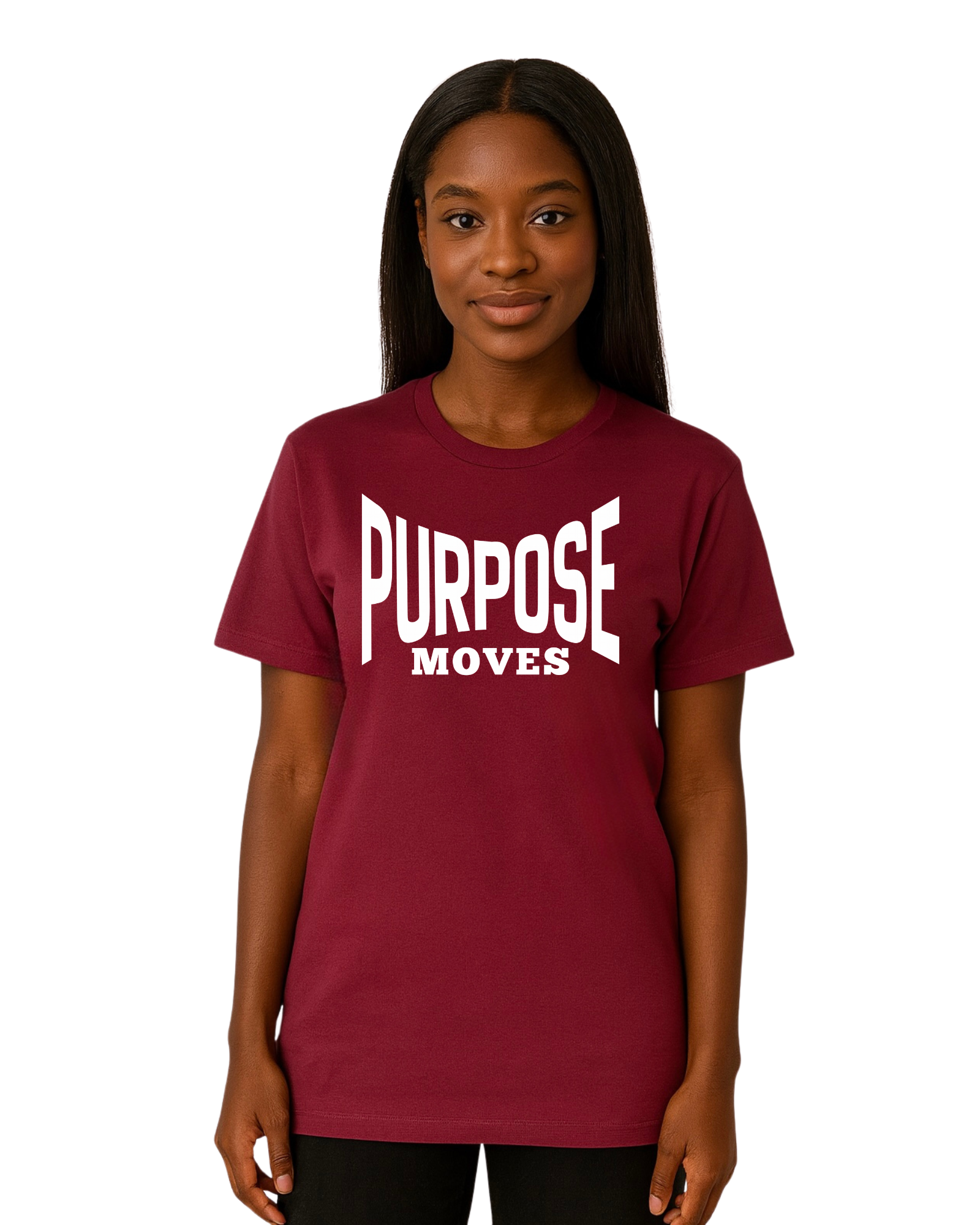 Person wearing a maroon t-shirt with 'PURPOSE MOVES' text in white 