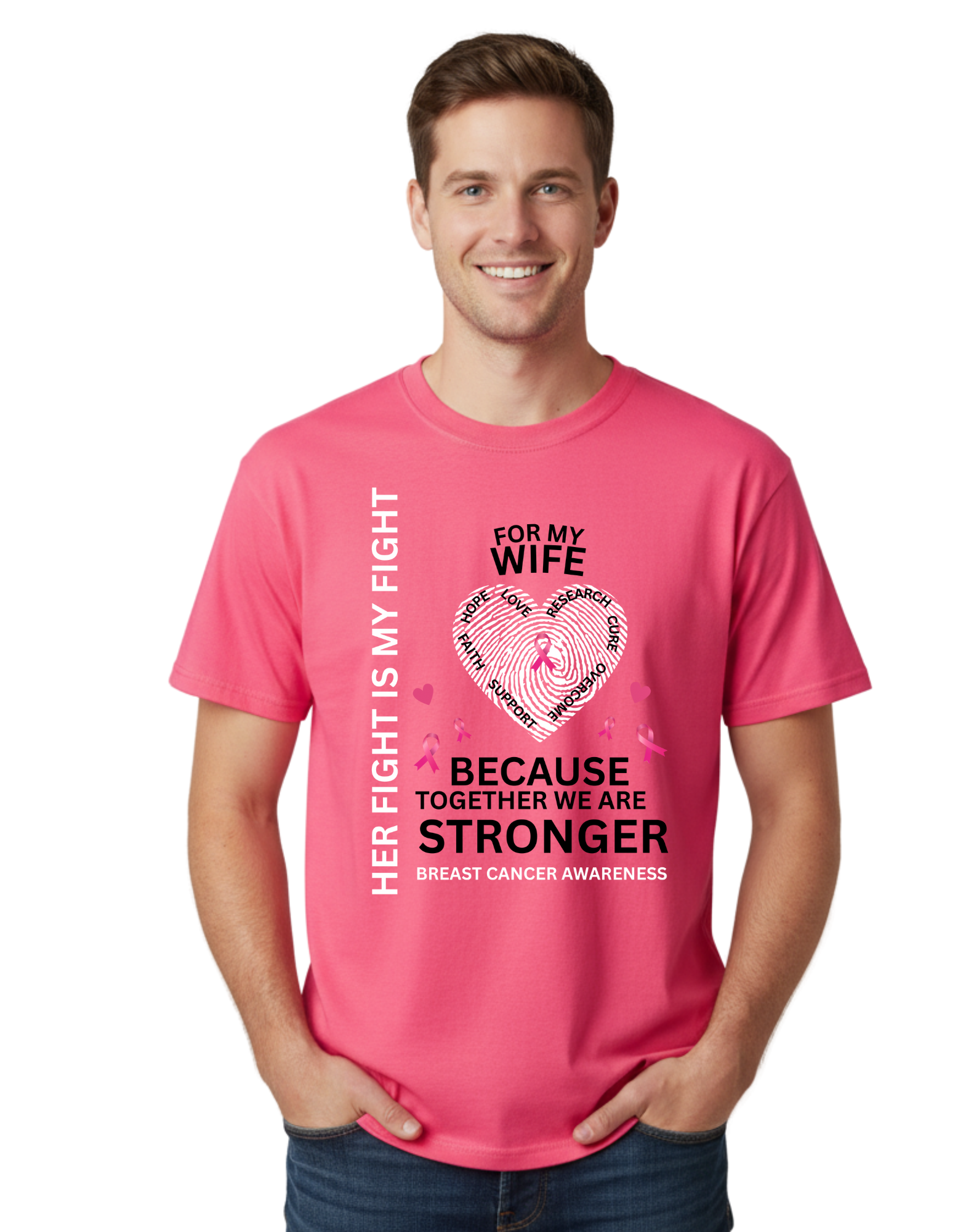 Man wearing a pink t-shirt with breast cancer awareness message