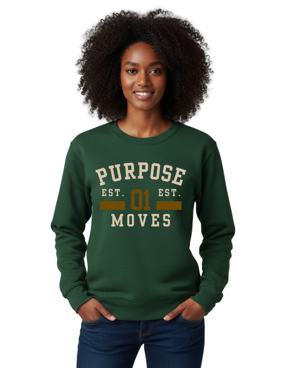 Green sweatshirt with tan and brwn text. Purpose moves collction.