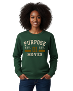 Green sweatshirt with tan and brwn text. Purpose moves collction.