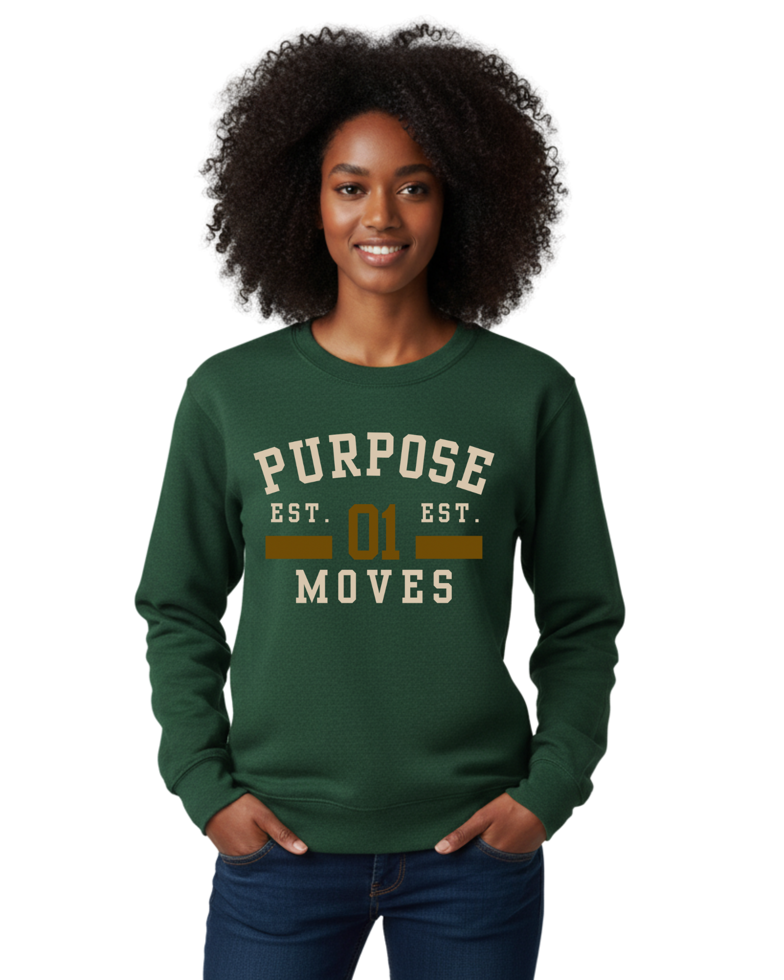 Green sweatshirt with tan and brwn text. Purpose moves collction.