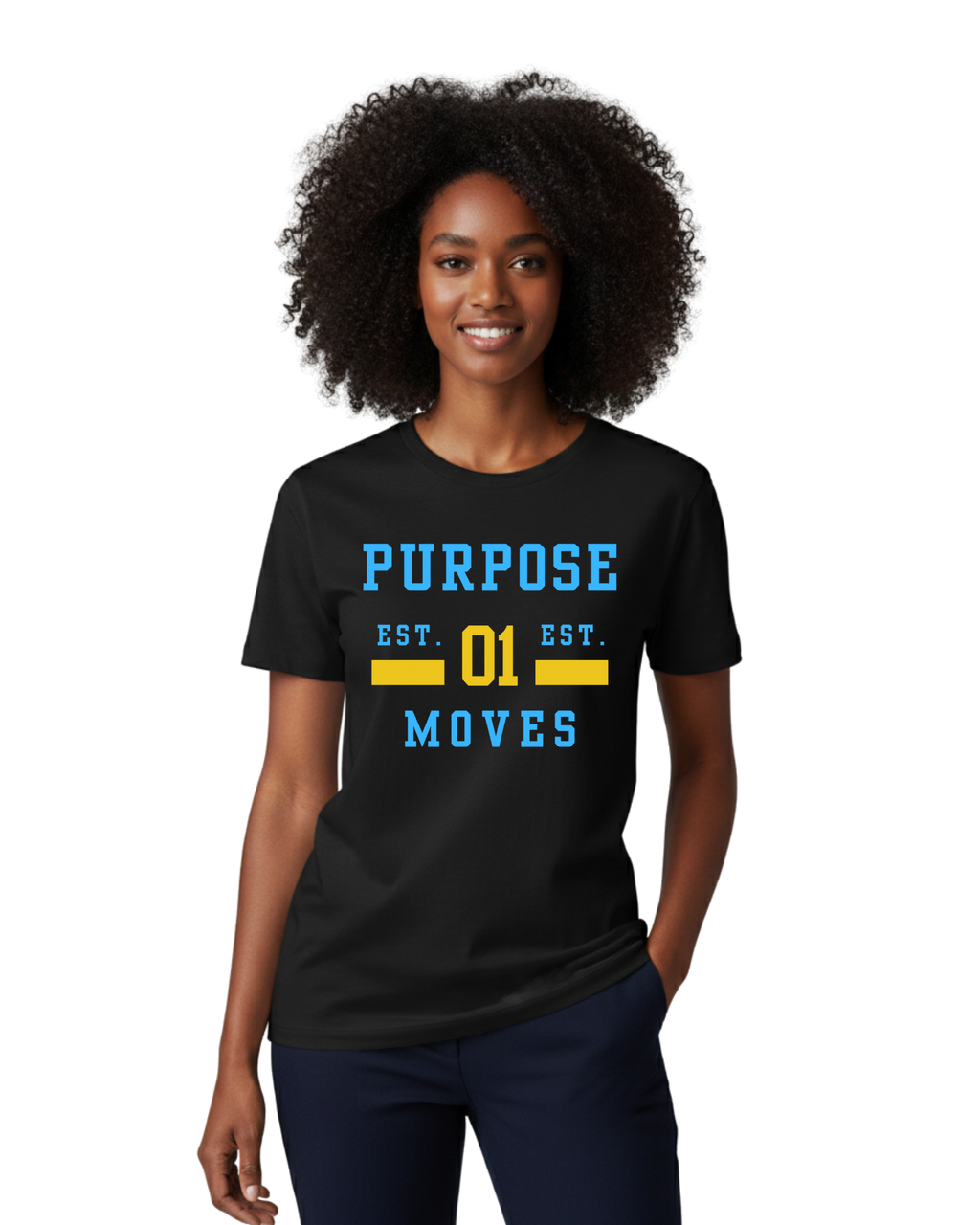 Woman wearing a black t-shirt with 'PURPOSE EST. 01 MOVES' text powder blue and yellow variaty t-shirt