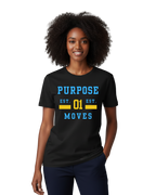 Woman wearing a black t-shirt with 'PURPOSE EST. 01 MOVES' text powder blue and yellow variaty t-shirt