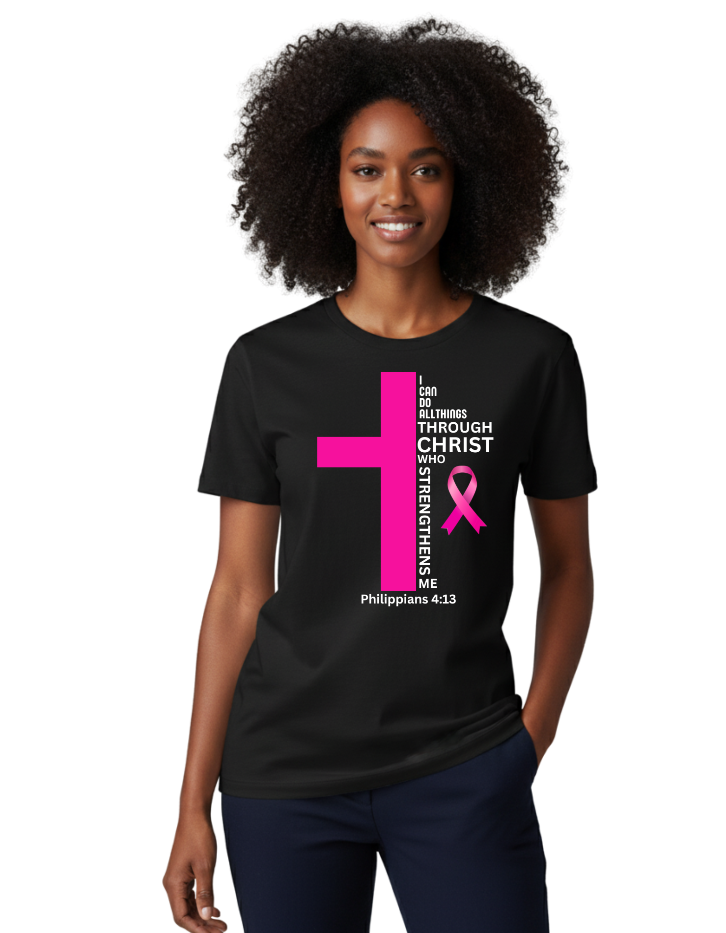Woman wearing a black t-shirt with pink cross and breast cancer awareness ribbon design.