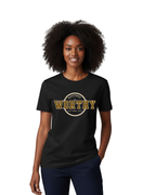 Woman wearing a black t-shirt with 'WORTHY' printed on it against a tan background