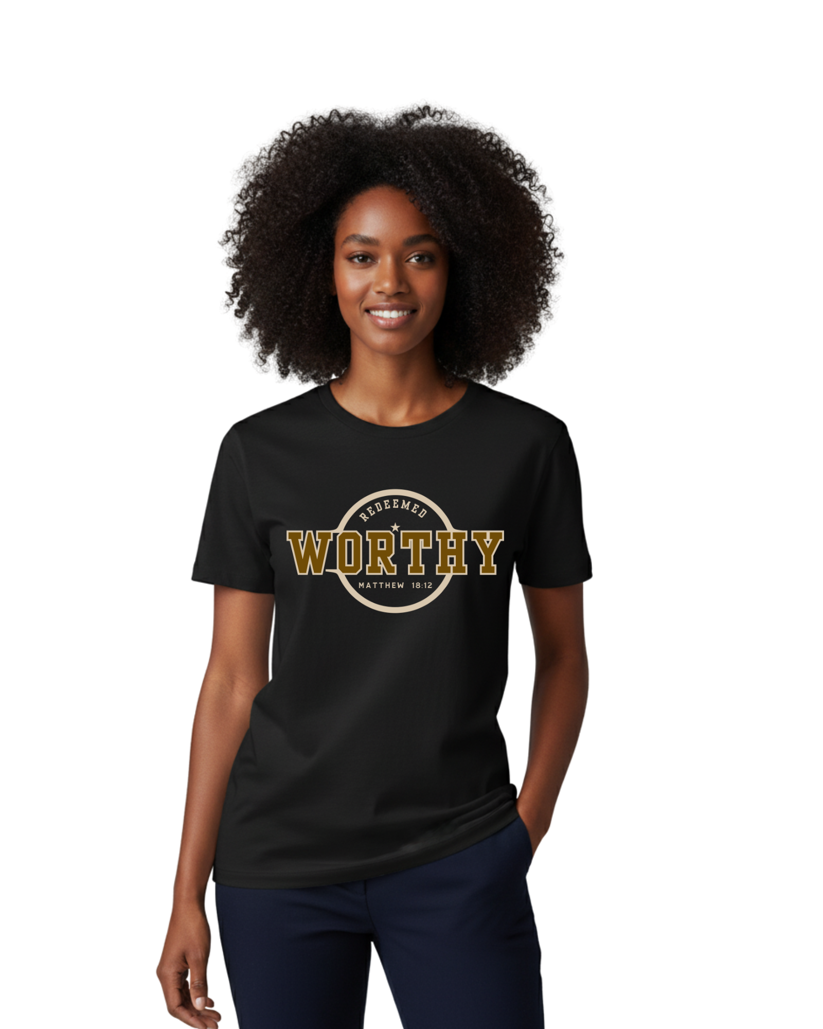 Woman wearing a black t-shirt with 'WORTHY' printed on it against a tan background