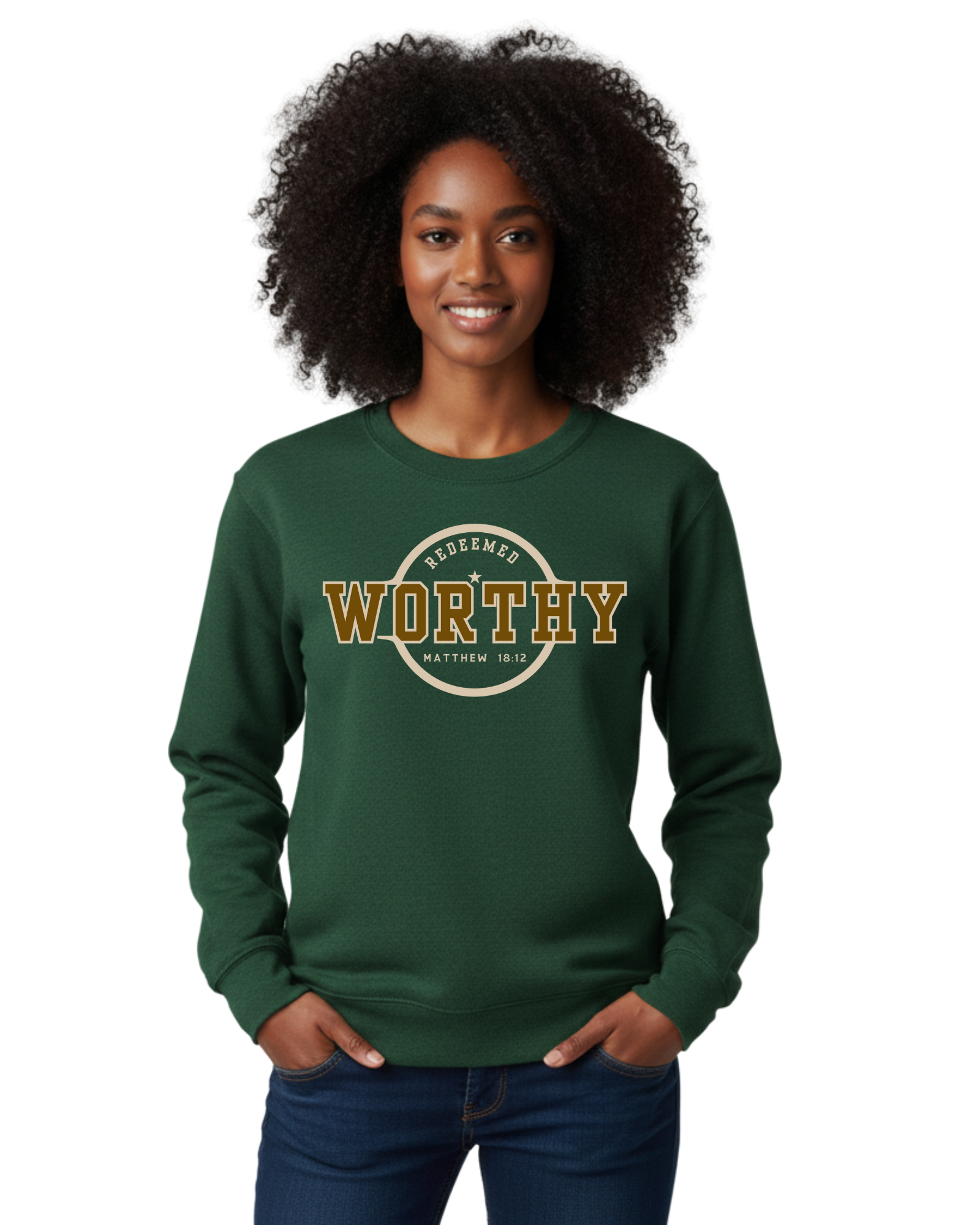 Woman wearing a green sweatshirt with 'Worthy' text in brown.