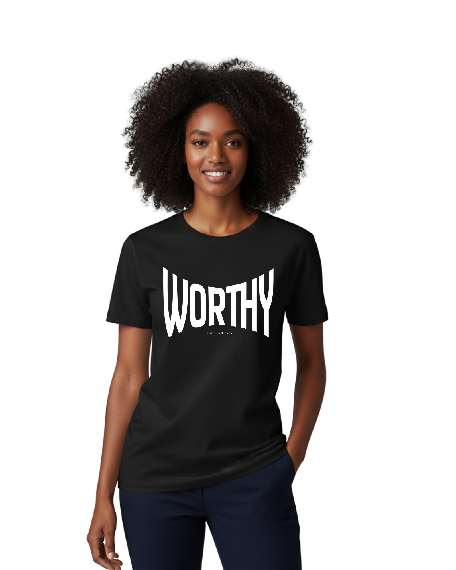 Woman wearing a black t-shirt with 'WORTHY' text in white.