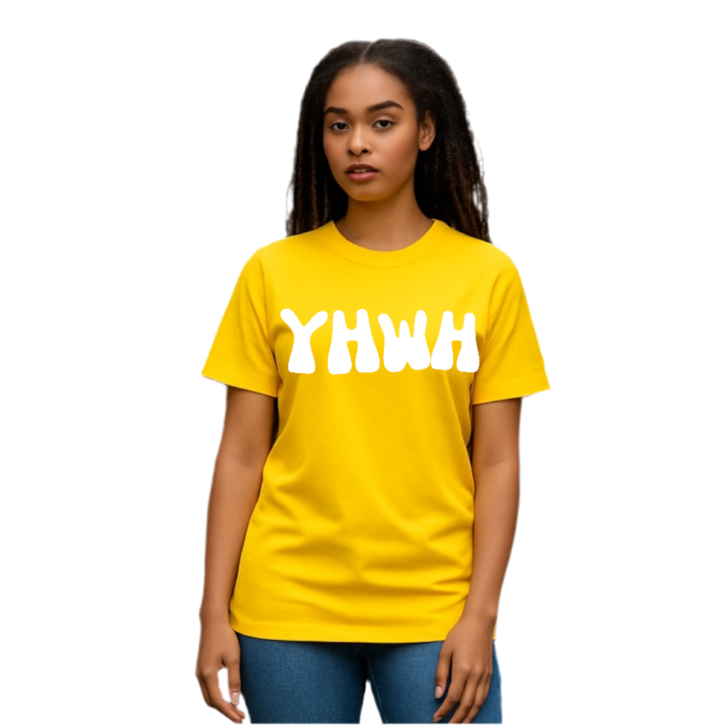 Person wearing a yellow t-shirt with 'YHWH' printed on it against a white background